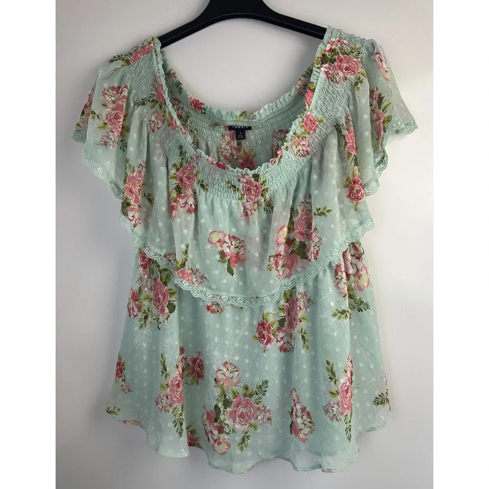 Torrid Off Shoulder Sheer Lace Swiss Dot Top Plus Size 2 2X Green Pink Boho Chic - Picture 2 of 10